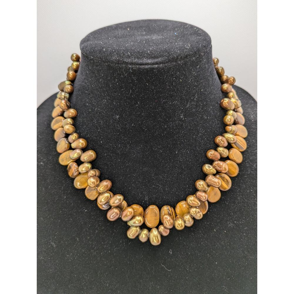 Tigers Eye & Pearl Necklace With Sterling Adjustable Clasp 18"